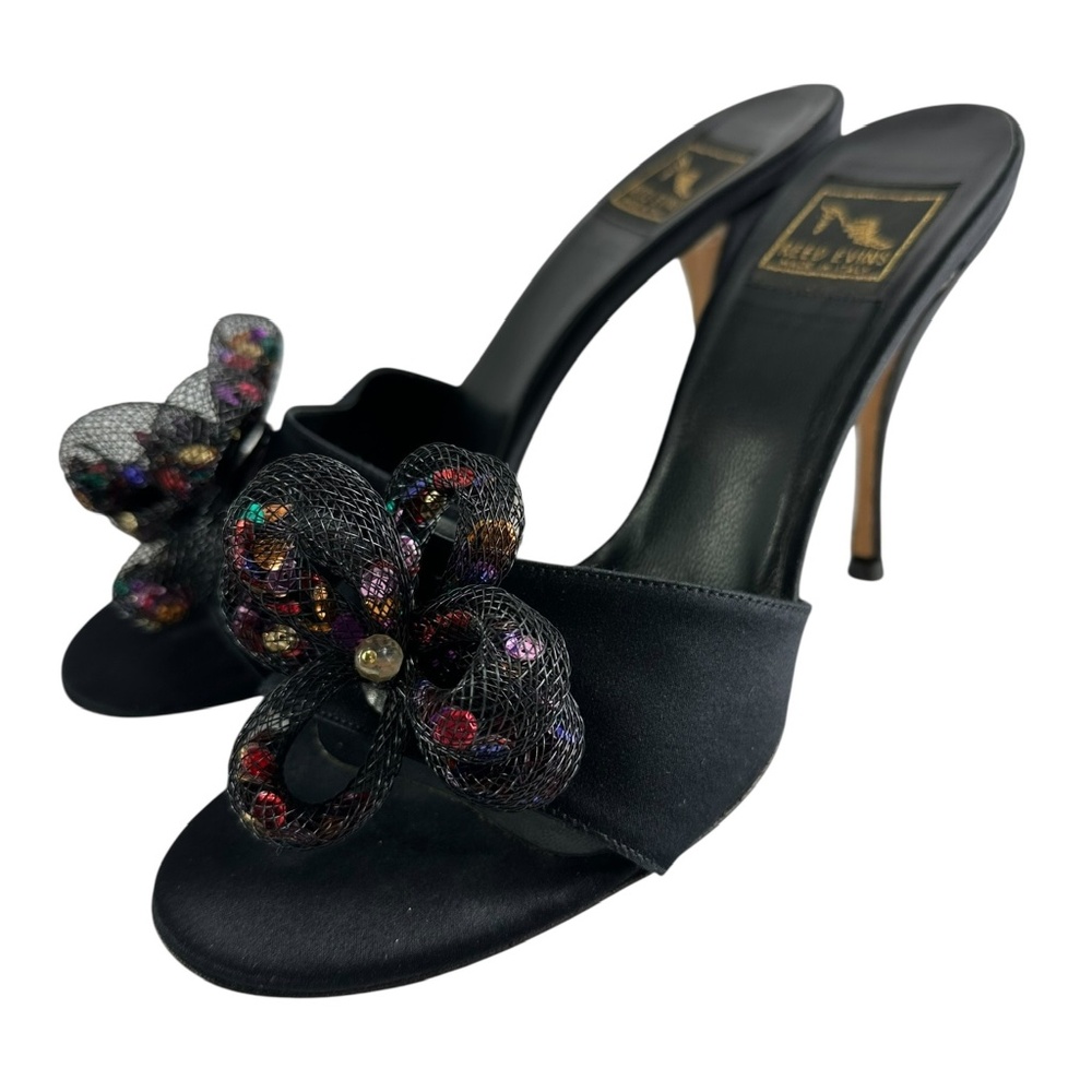 REED EVINS Black With Decorative Mesh Flower Mules Shoes Made In Italy 38 8